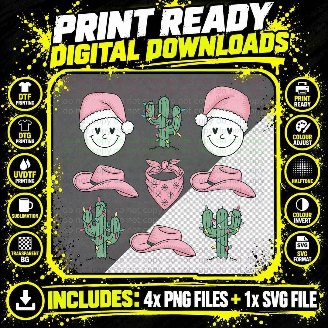 Festive Cacti & Cowboy Hats Western T-Shirt Png SVG Digital Bundle