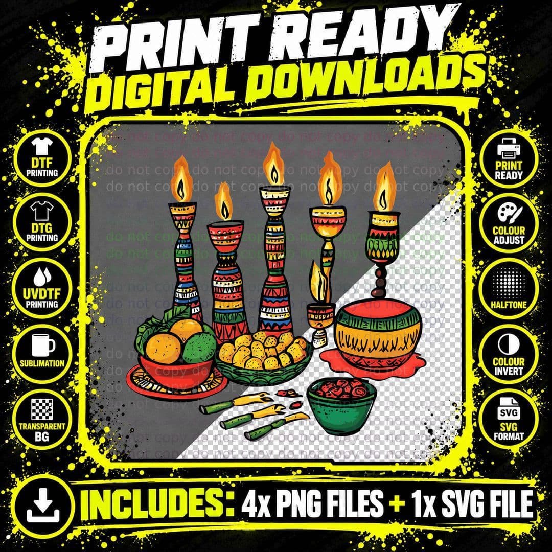 Festive Candles with Food Kwanzaa T-Shirt Png SVG Digital Bundle