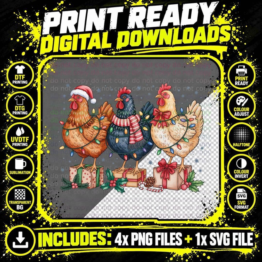 Festive Chickens with Christmas Lights Farmer T-Shirt Png SVG Digital Bundle