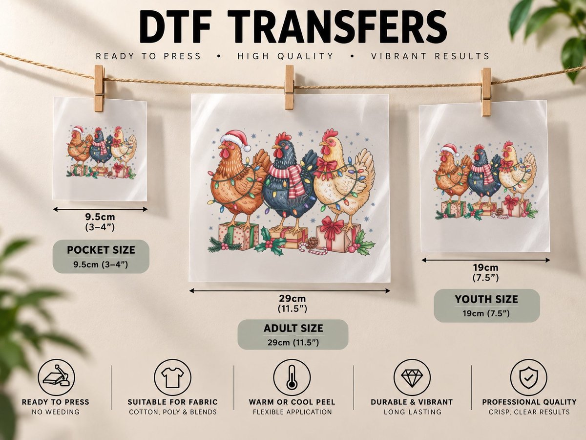 Festive Chickens with Christmas Lights Farmer DTF Transfer Iron On