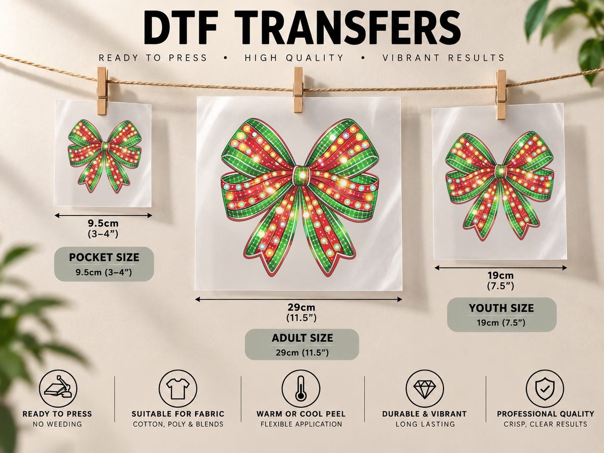 Festive Christmas Bow Design Christmas Coquette DTF Transfer Iron On