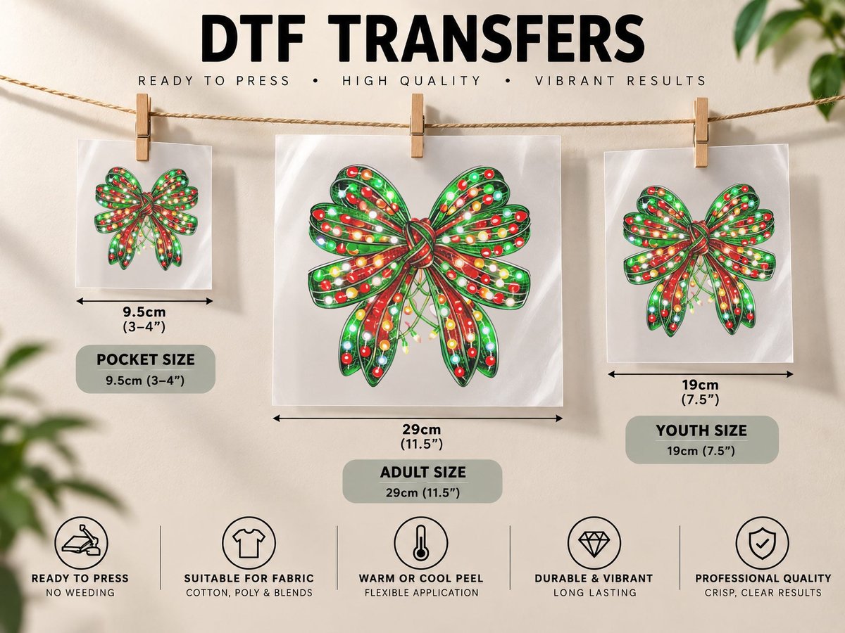 Festive Christmas Bow Lights Christmas Coquette DTF Transfer Iron On