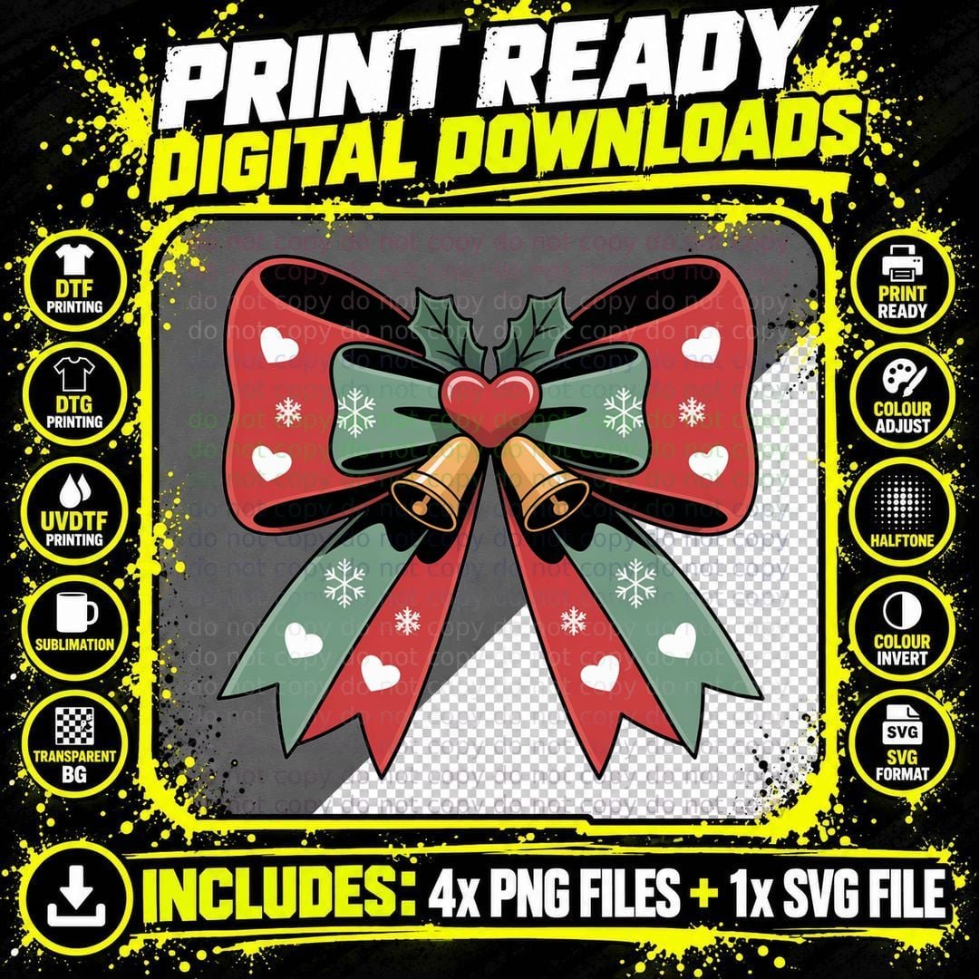 Festive Christmas Bow with Bells Christmas Coquette Png SVG Digital Bundle