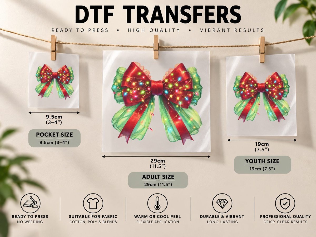Festive Christmas Bow with Lights Christmas Coquette Art DTF Transfer Iron On