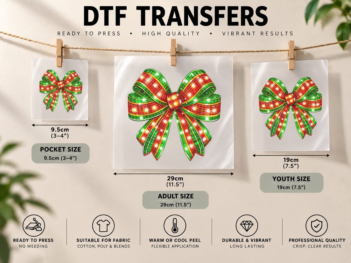 Festive Christmas Bow with Lights Christmas Coquette Print DTF Transfer Iron On