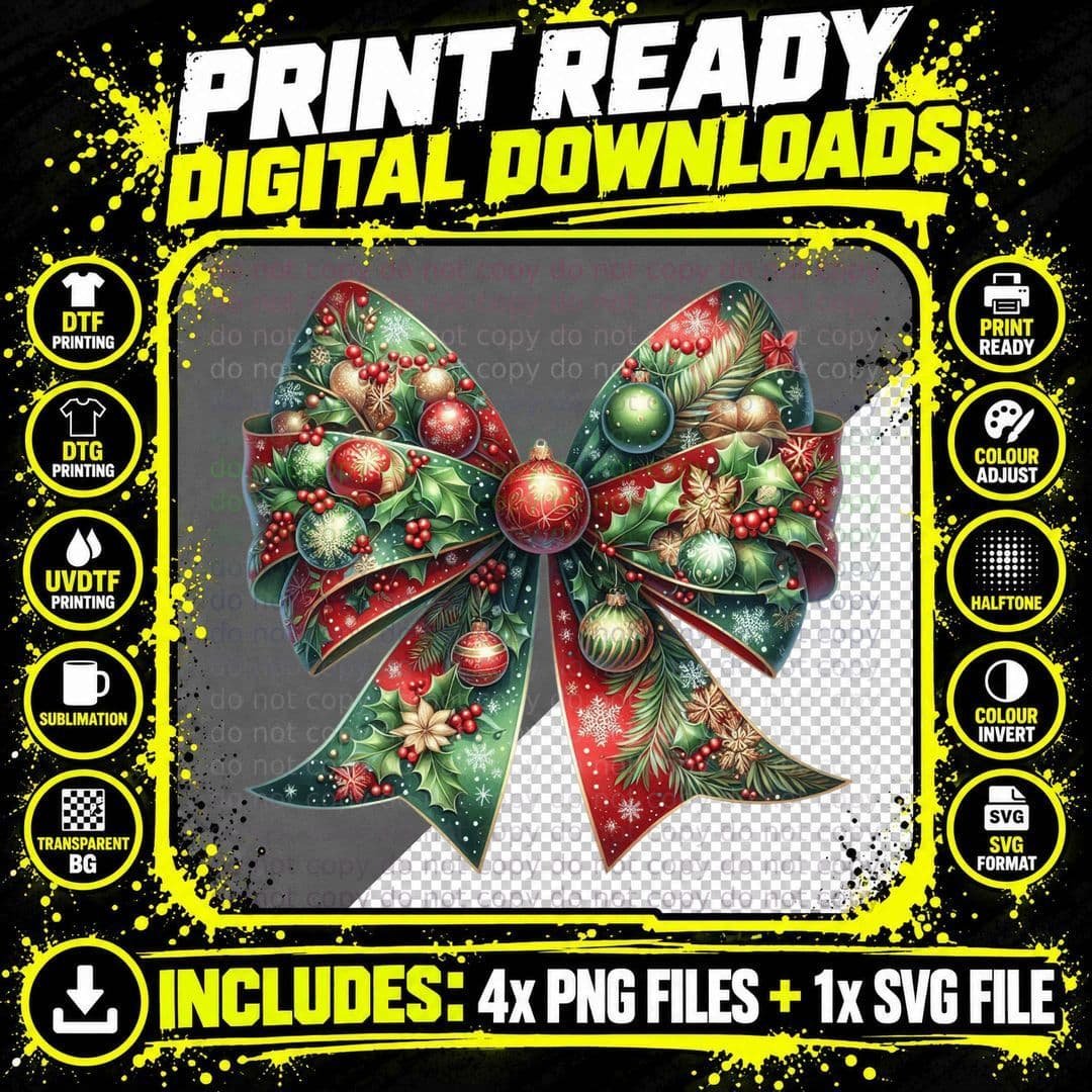 Festive Christmas Bow with Ornaments Highland Cow T-Shirt Png SVG Digital Bundle