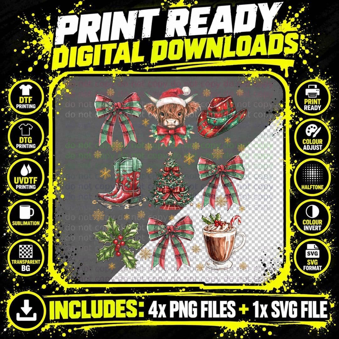 Festive Christmas Plaid & Bows Design Highland Cow Png SVG Digital Bundle