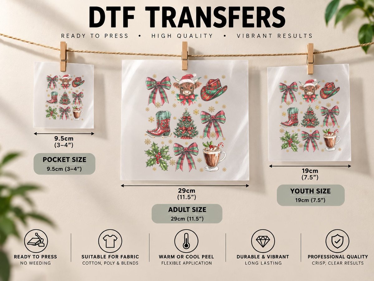 Festive Christmas Plaid & Bows Design Highland Cow DTF Transfer Iron On
