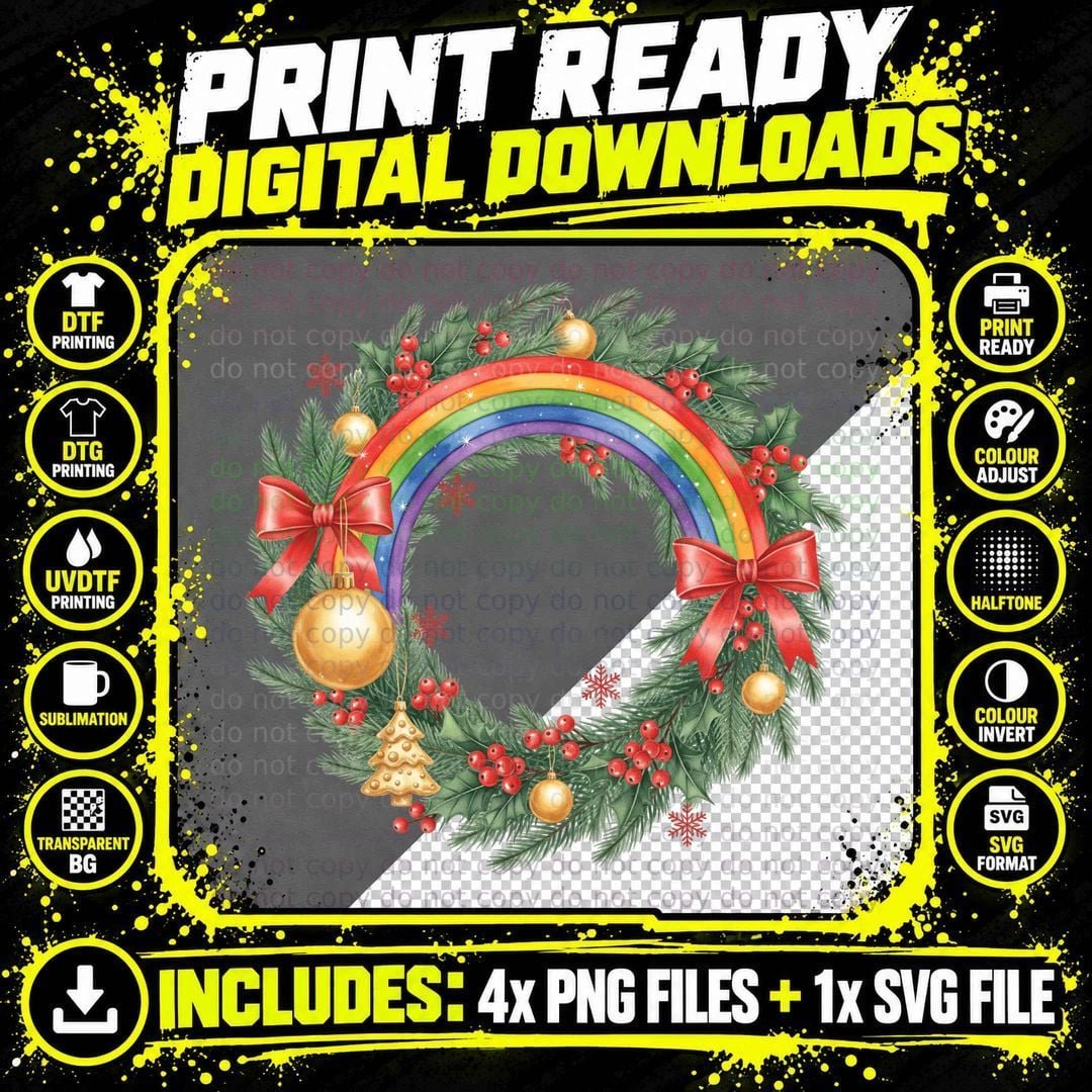 Festive Christmas Wreath with Rainbow and Ornaments Png SVG Digital Bundle