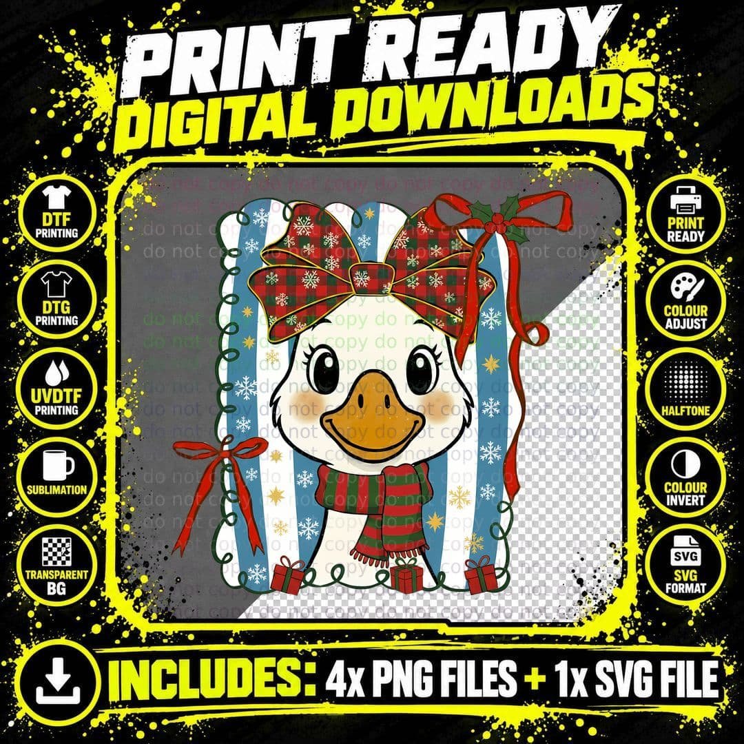 Festive Duck with Scarf and Bow Funny Goose T-Shirt Png SVG Digital Bundle