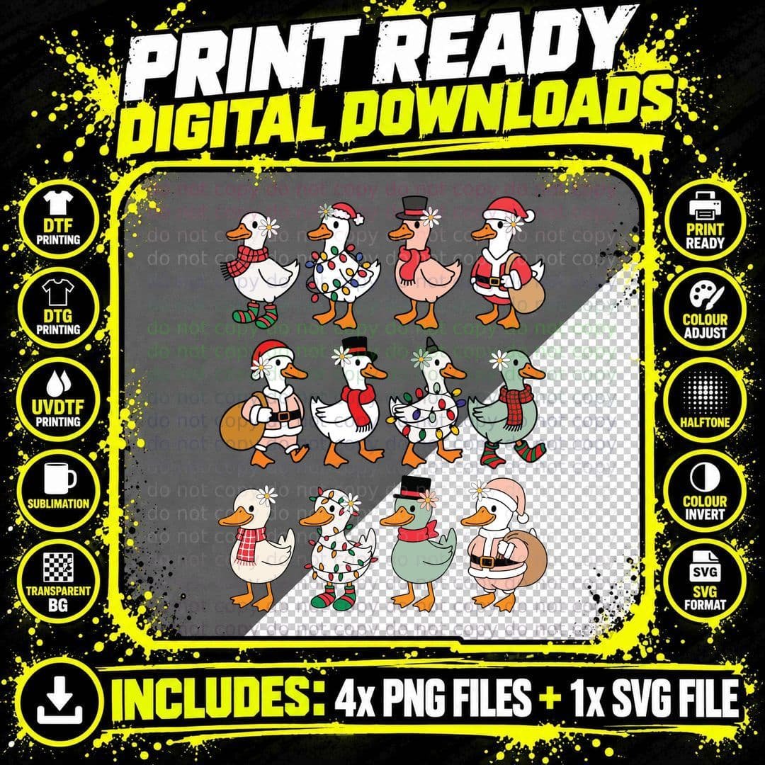 Festive Ducks in Christmas Costumes Funny Goose Design Png SVG Digital Bundle