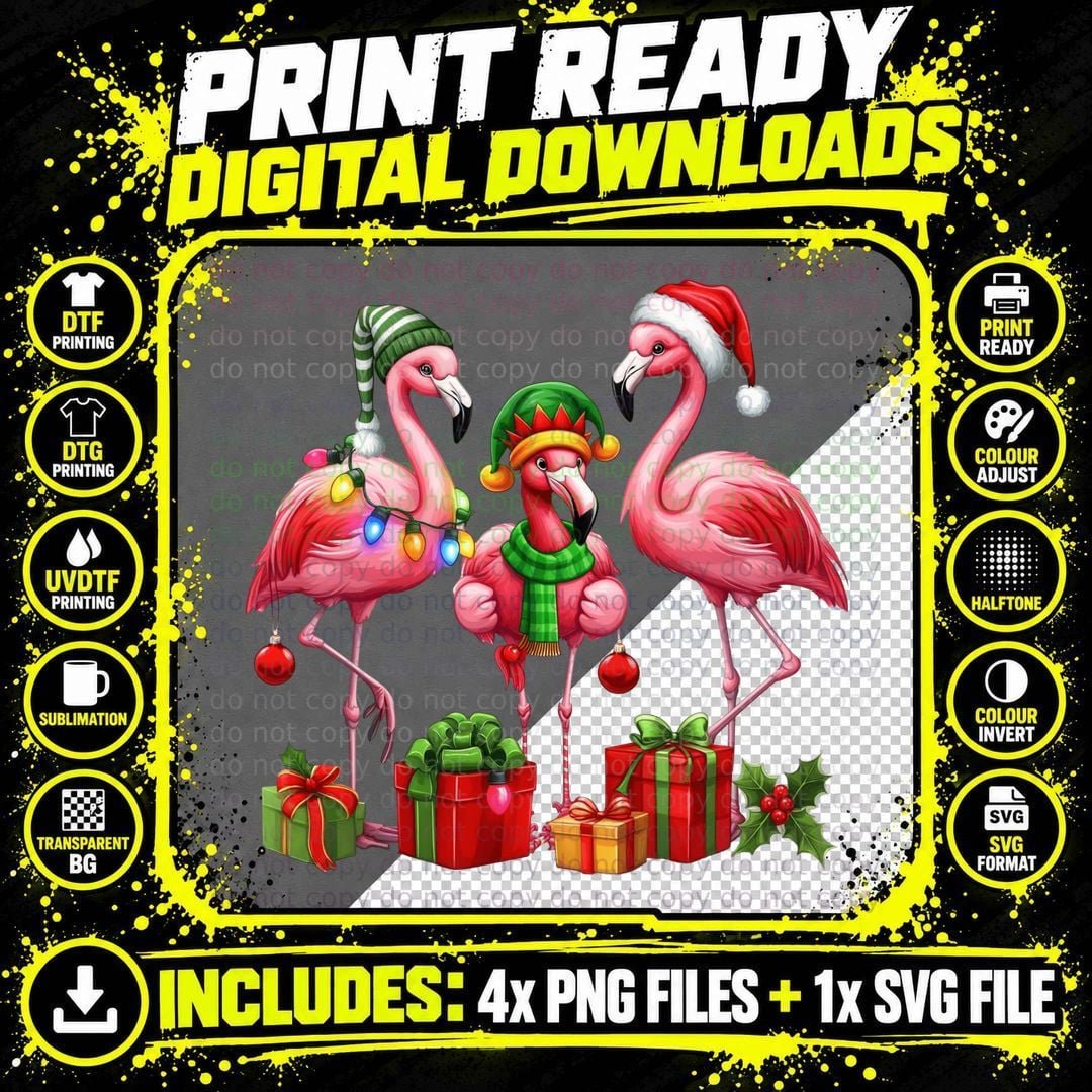 Festive Flamingos with Christmas Decorations Winter Png SVG Digital Bundle