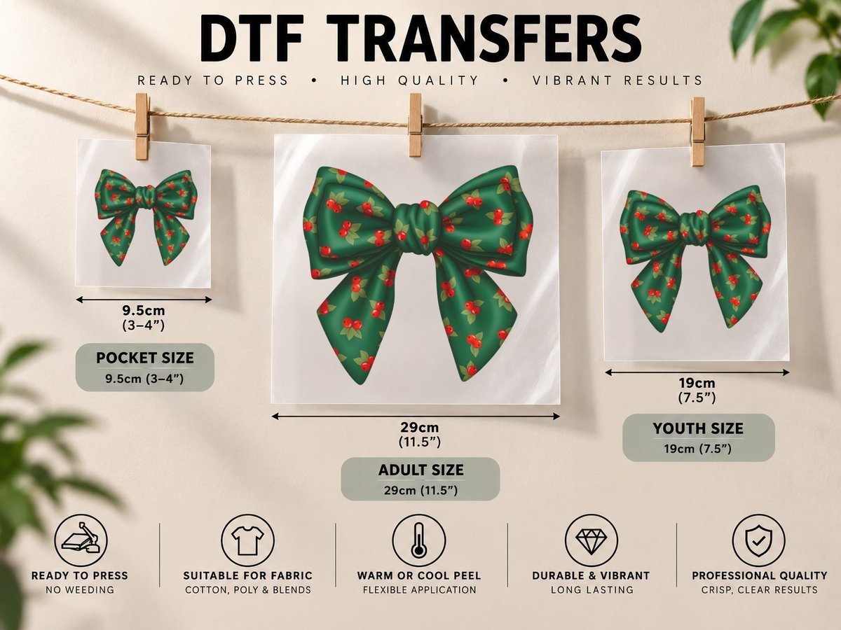 Festive Green Bow with Berries Christmas Coquette DTF Transfer Iron On