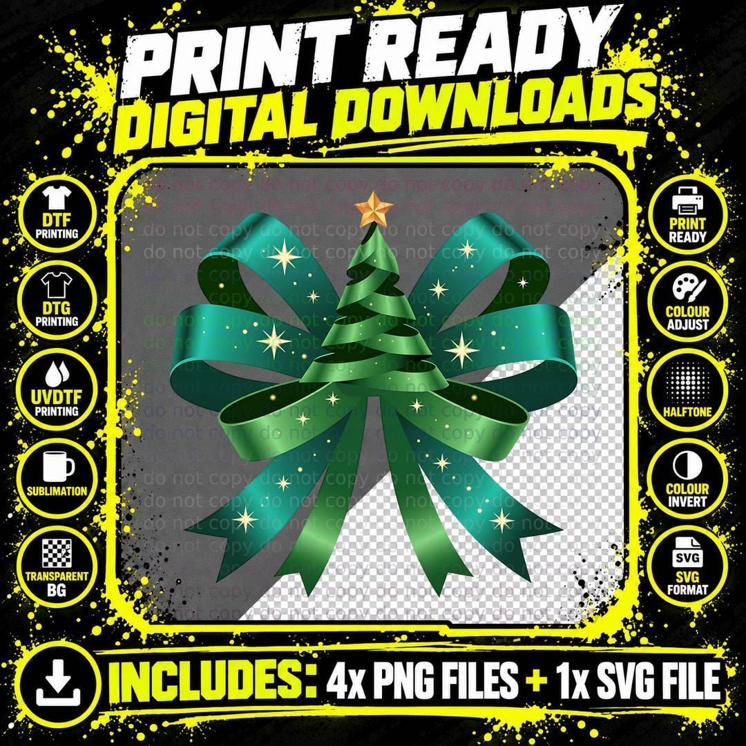 Festive Green Ribbon Bow with Christmas Tree Christmas Png SVG Digital Bundle