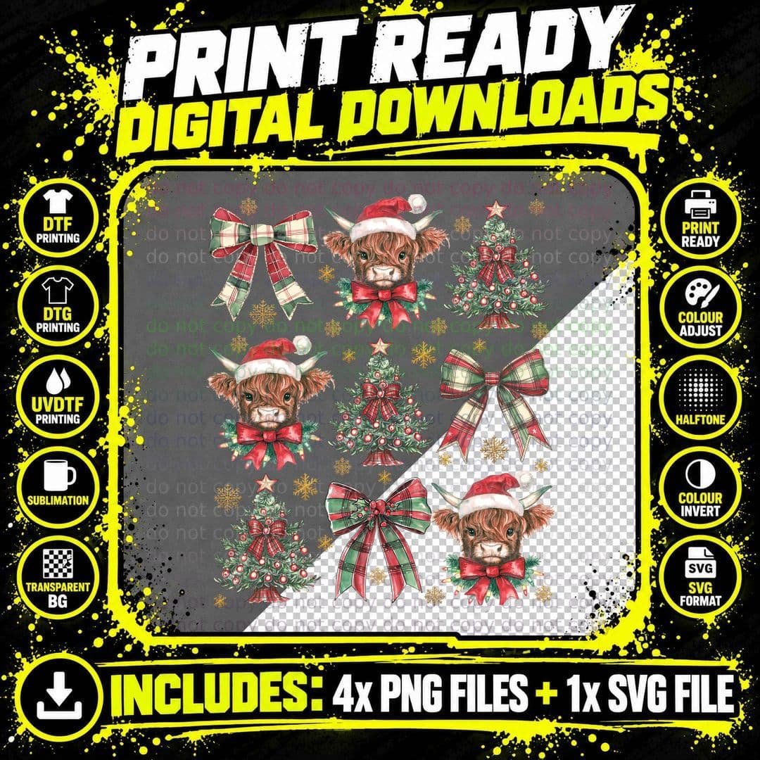 Festive Highland Cows & Christmas Trees Highland Cow Png SVG Digital Bundle