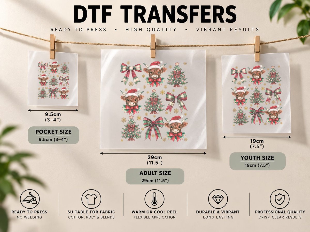 Festive Highland Cows & Christmas Trees Highland Cow DTF Transfer Iron On