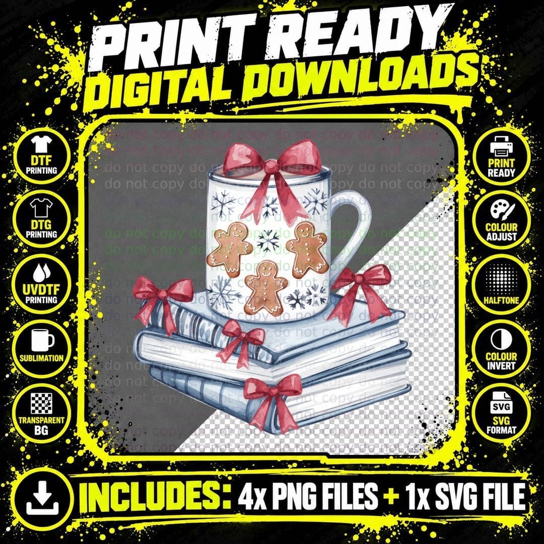 Festive Mug on Books with Gingerbread Cookies Christmas Png SVG Digital Bundle