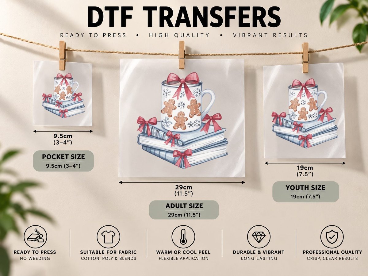 Festive Mug on Books with Gingerbread Cookies Christmas DTF Transfer Iron On