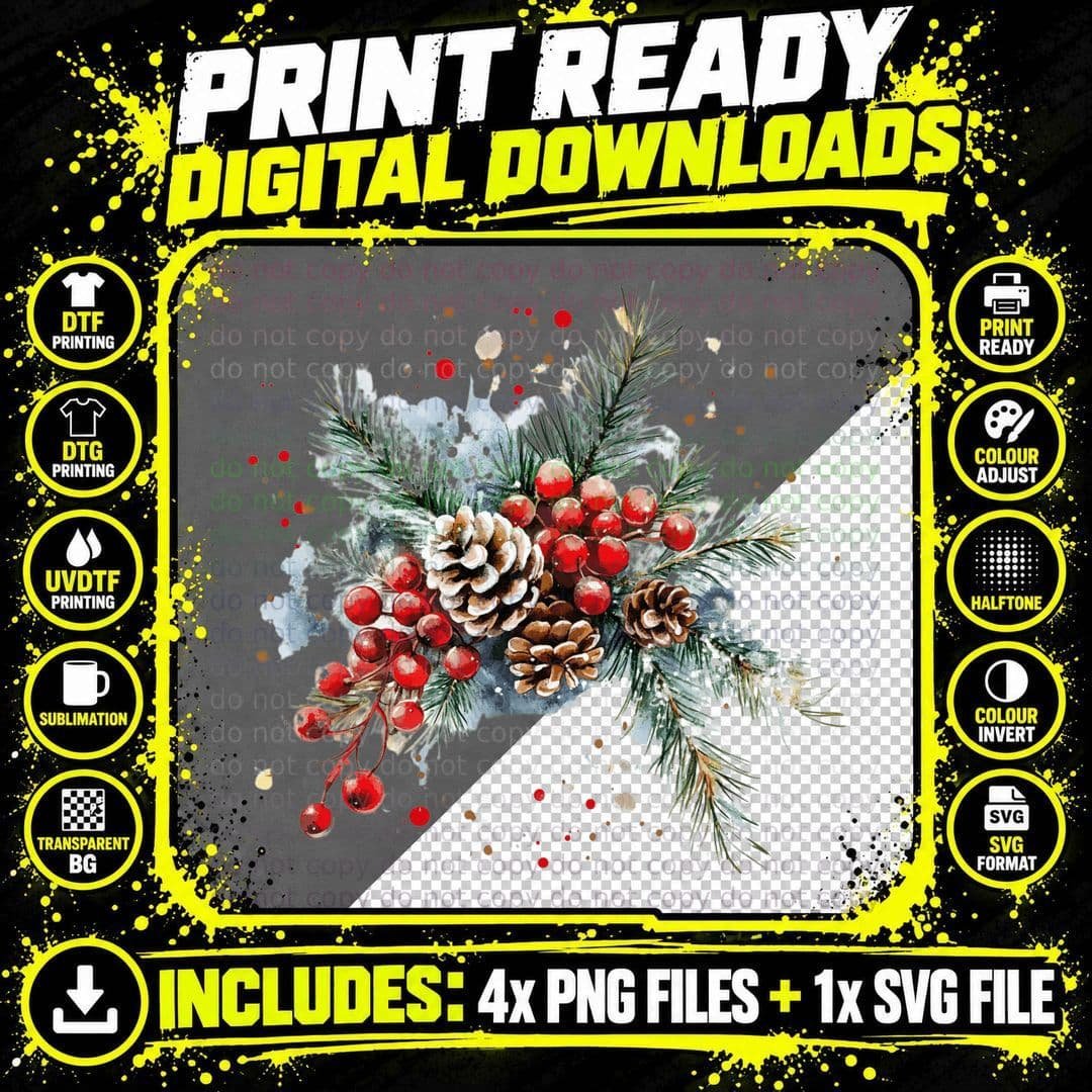 Festive Pinecones and Berries Winter T-Shirt Png SVG Digital Bundle