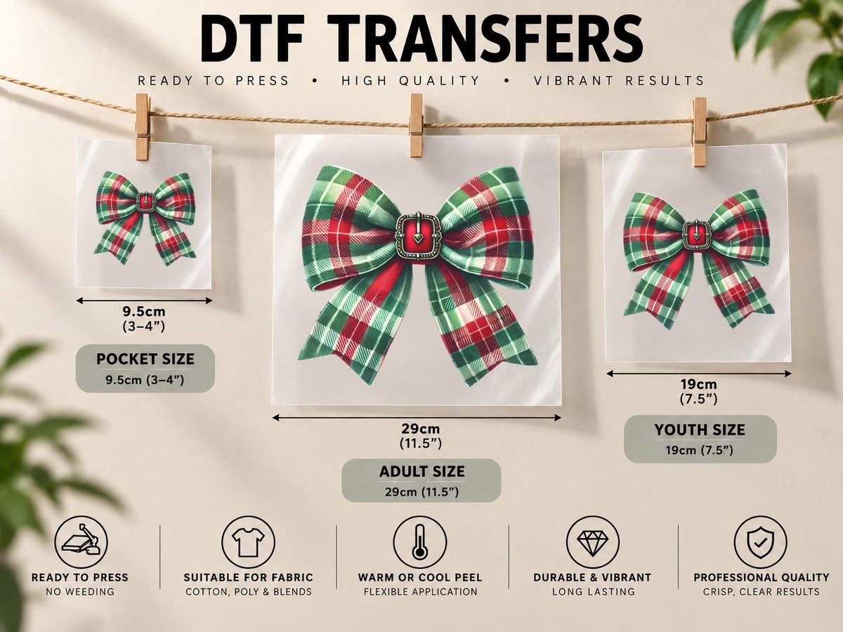 Festive Plaid Bow Christmas Coquette DTF Transfer Iron On