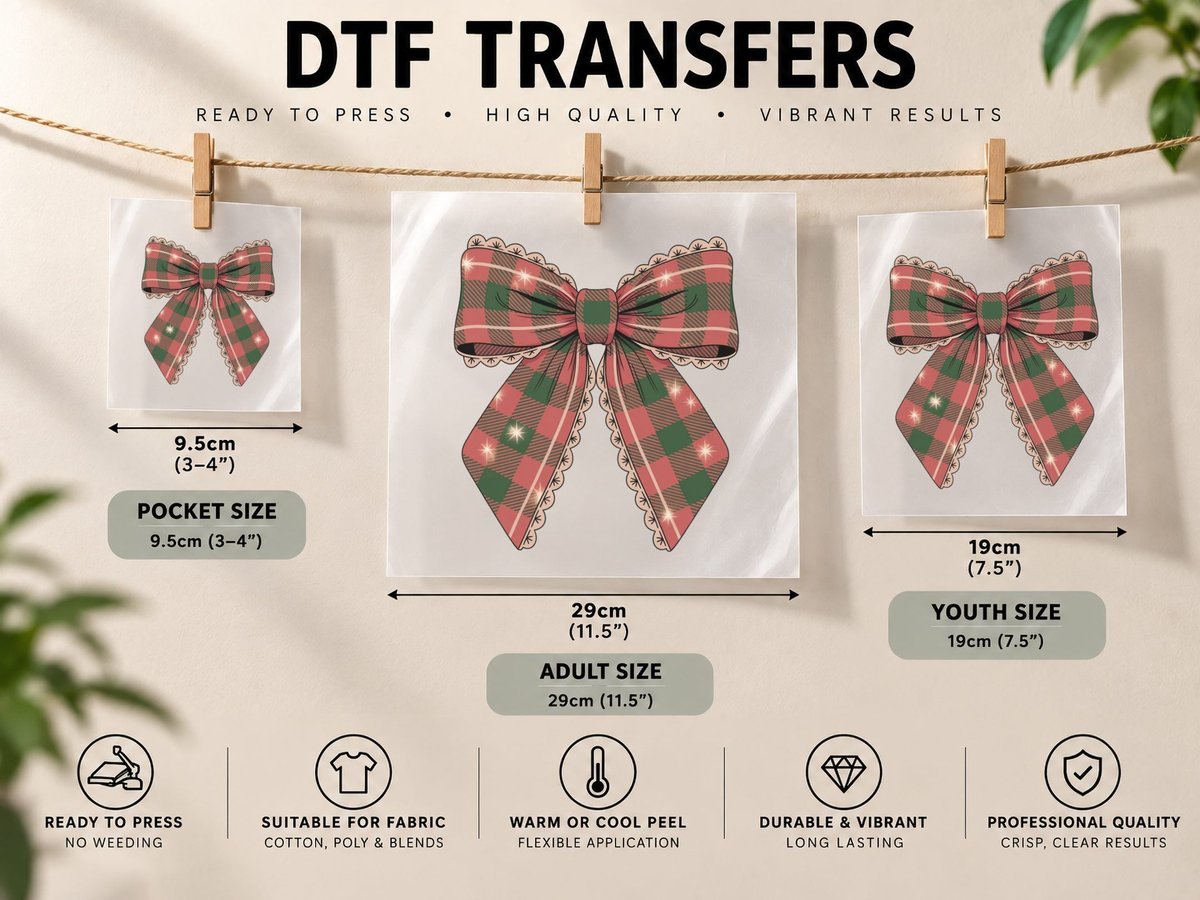 Festive Plaid Bow with Sparkles Christmas Coquette DTF Transfer Iron On