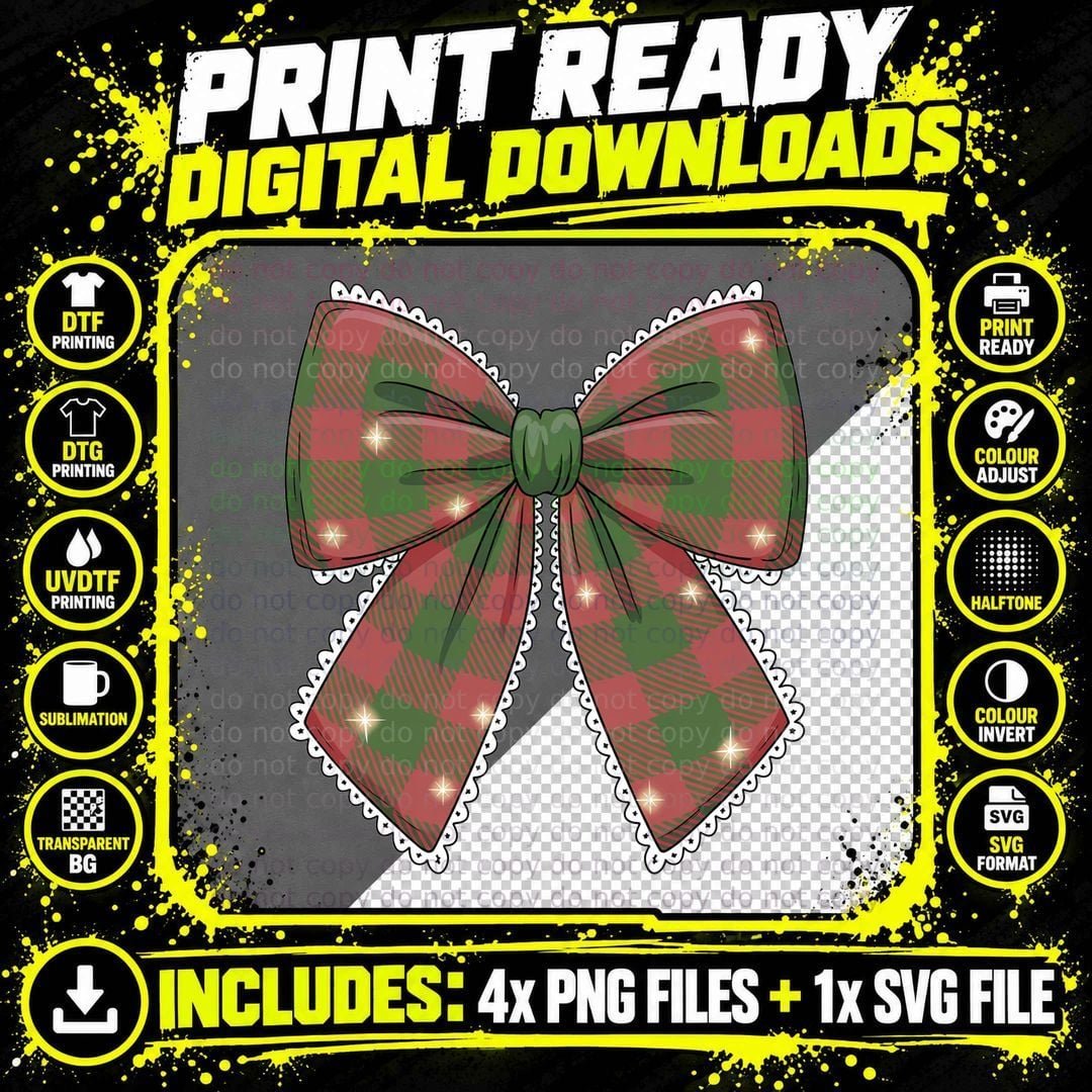 Festive Plaid Bow with Stars Christmas Coquette Art Png SVG Digital Bundle
