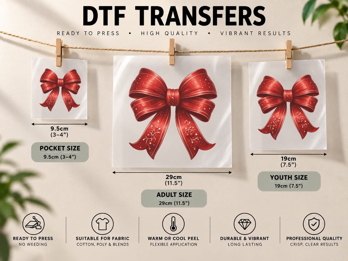 Festive Red Bow with Berries Christmas Coquette DTF Transfer Iron On