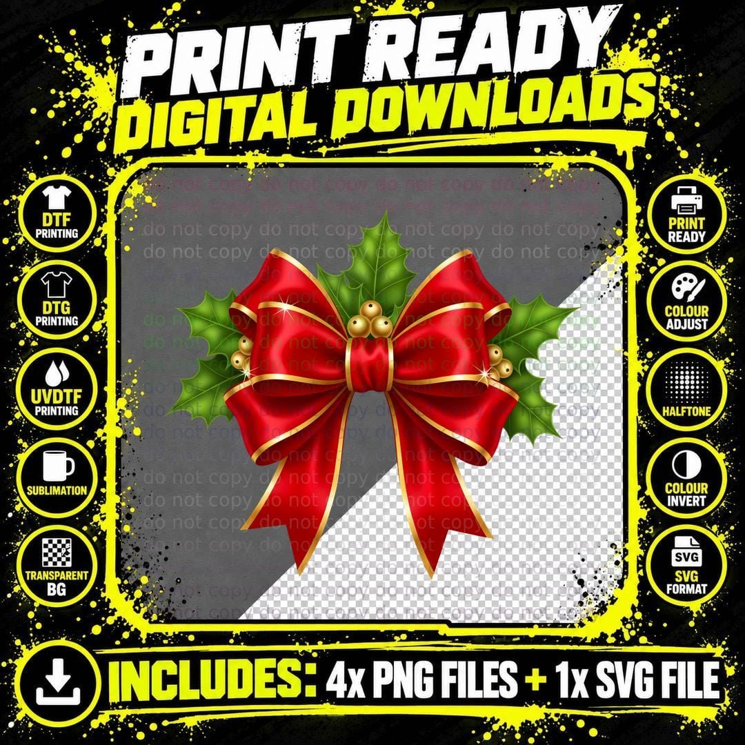 Festive Red Bow with Holly Leaves Christmas Coquette Png SVG Digital Bundle