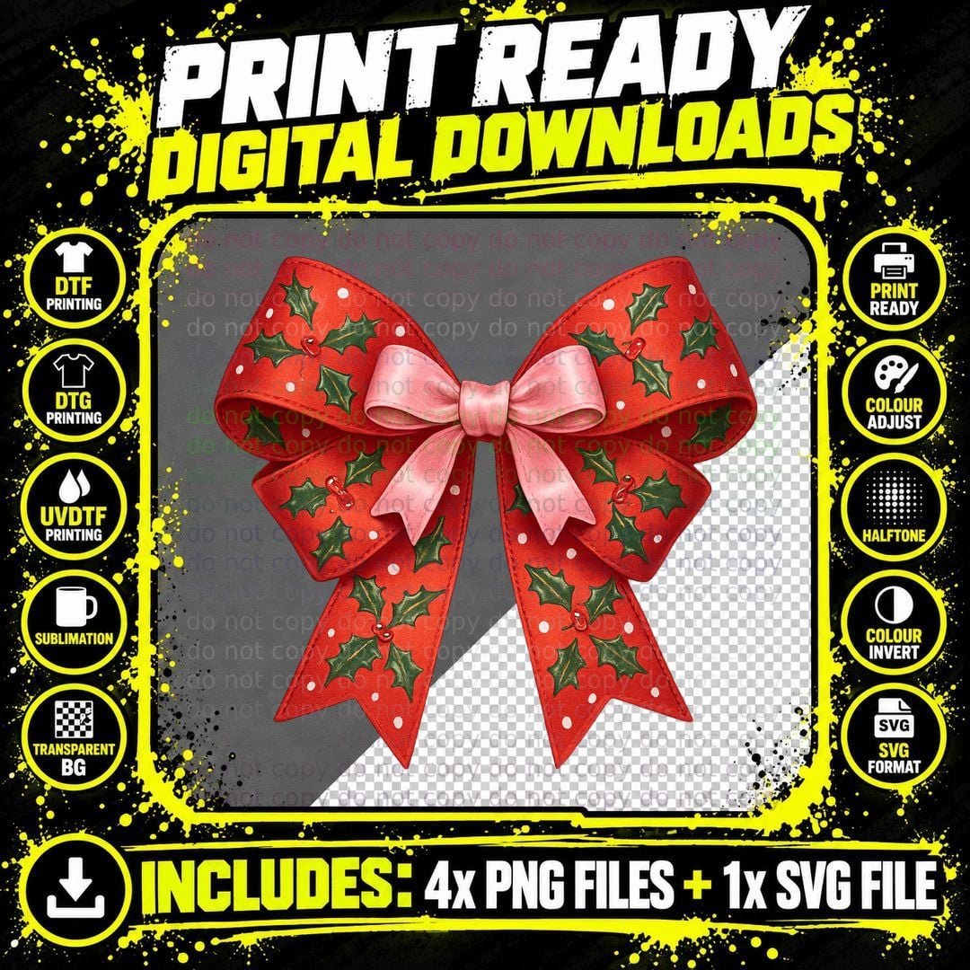 Festive Red Bow with Holly Leaves Christmas Coquette Png SVG Digital Bundle