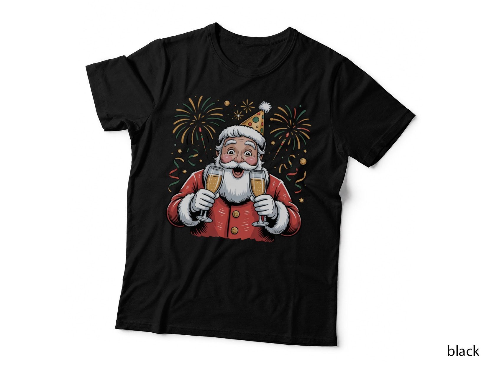 Festive Santa Cheers with Champagne Happy New Year T-Shirt