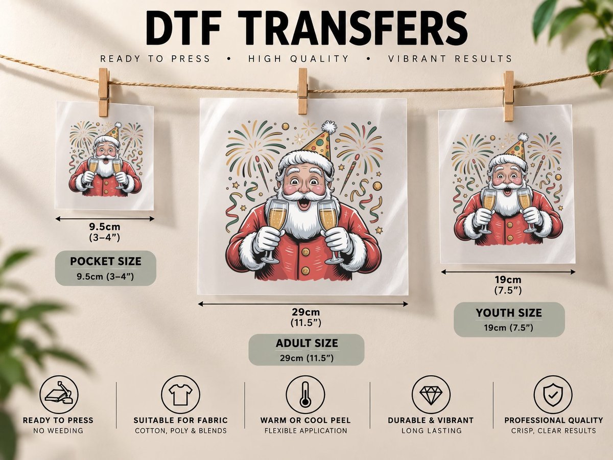 Festive Santa Cheers with Champagne Happy New Year DTF Transfer Iron On