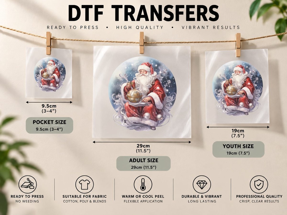 Festive Santa with Globe and Book Winter, Winter Graphic DTF Transfer Iron On