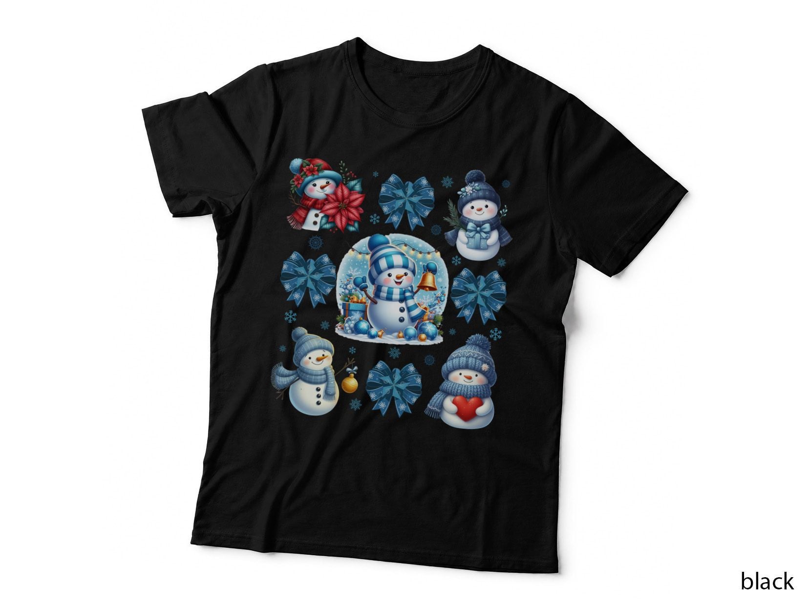 Festive Snowmen with Bows and Gifts Winter T-Shirt, Winter Graphic Tee