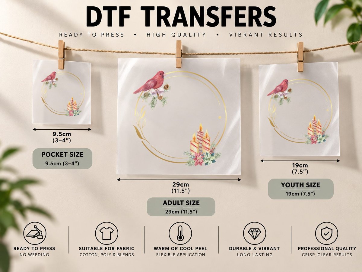 Festive Wreath with Bird and Candles Watercolor Floral DTF Transfer Iron On