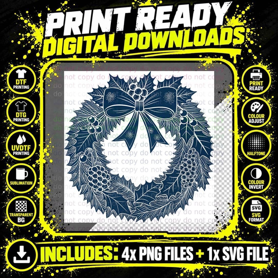 Festive Wreath with Bow Winter T-Shirt Png SVG Digital Bundle