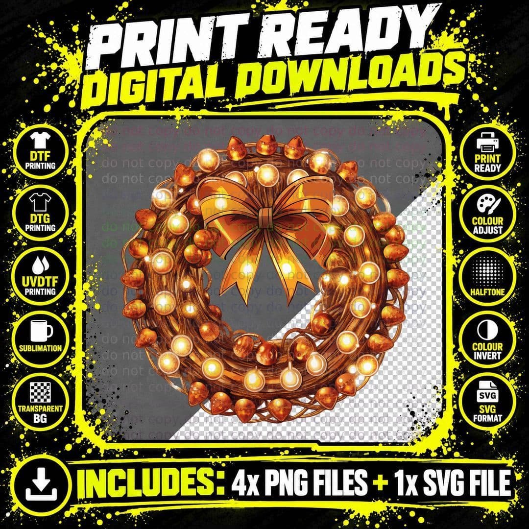 Festive Wreath with Lights and Bow Christmas Coquette Png SVG Digital Bundle