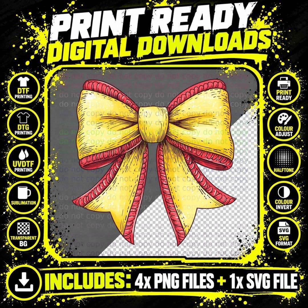 Festive Yellow Red Bow Softball T-Shirt Png SVG Digital Bundle
