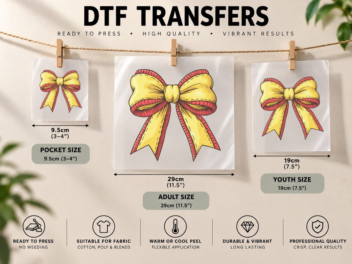 Festive Yellow Red Bow Tie Design Softball DTF Transfer Iron On