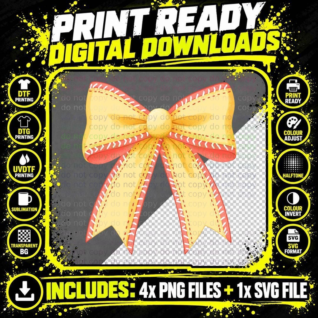 Festive Yellow Ribbon Bow Softball T-Shirt Png SVG Digital Bundle