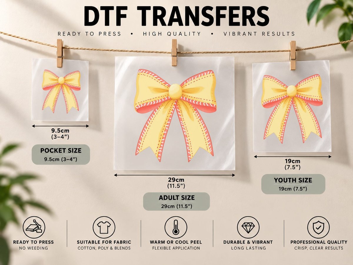 Festive Yellow Ribbon Bow Softball, Softball Graphic DTF Transfer Iron On