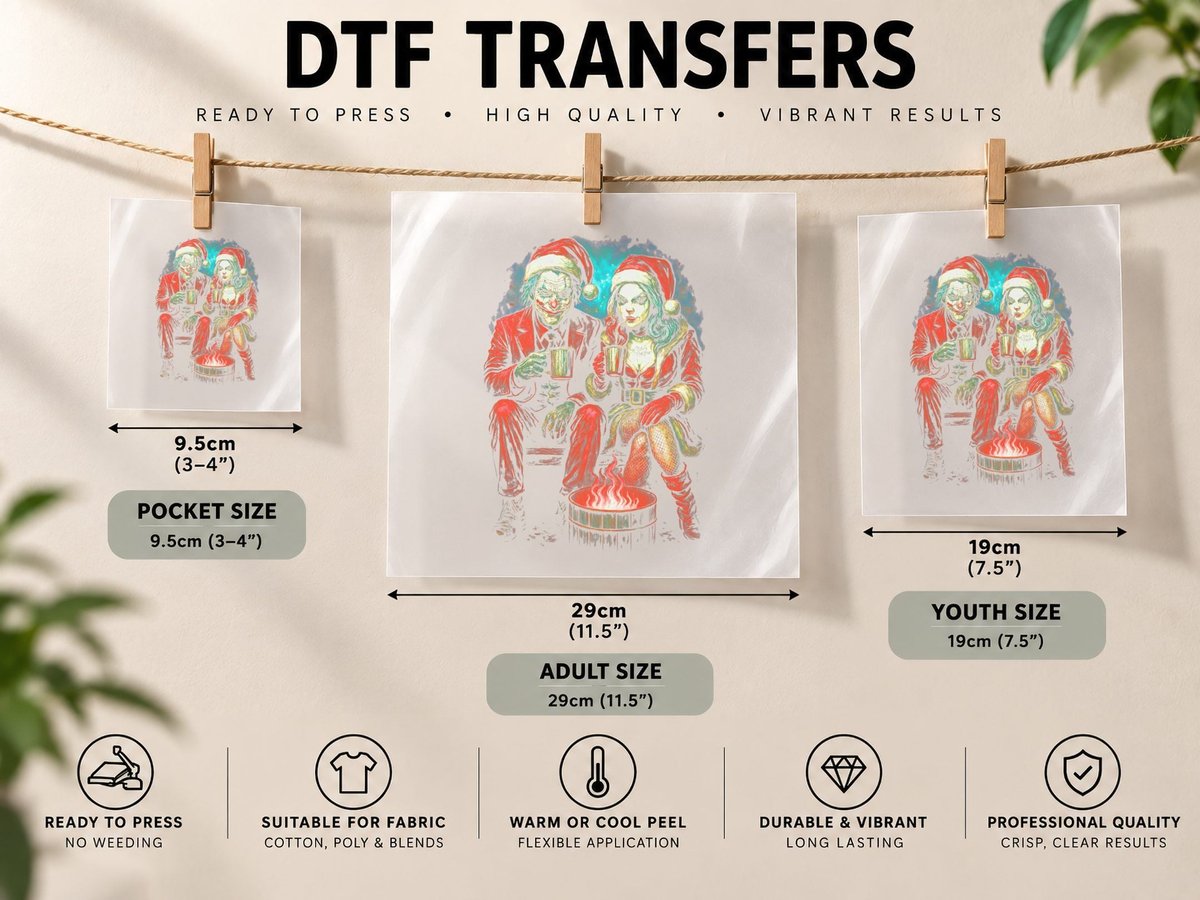Festive Zombie Couple Red Gold Green Halftone Christmas DTF Transfer Iron On