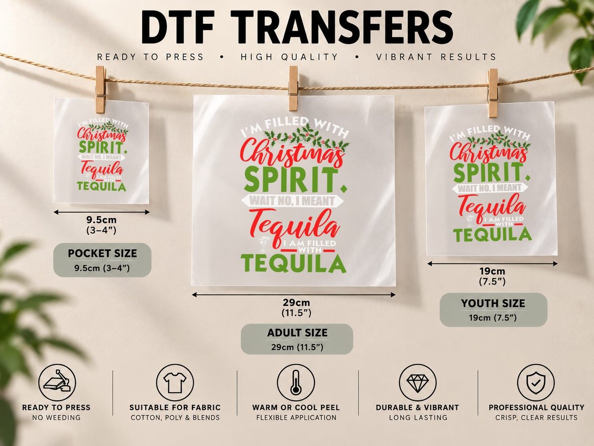 Filled with Christmas Spirit Tequila Funny Xmas Day Party DTF Transfer Iron On