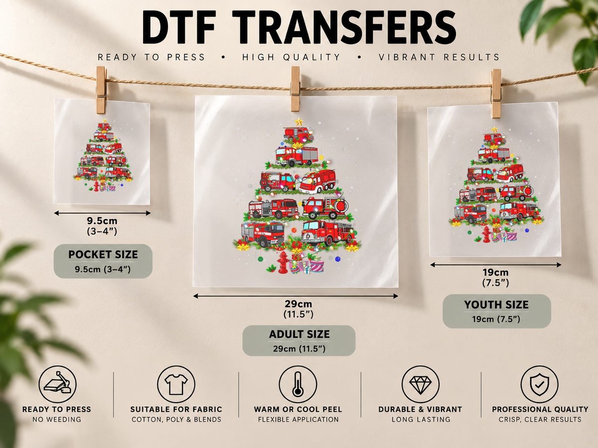 Firefighter Fire Truck Christmas Tree Lights Pajama DTF Transfer Iron On