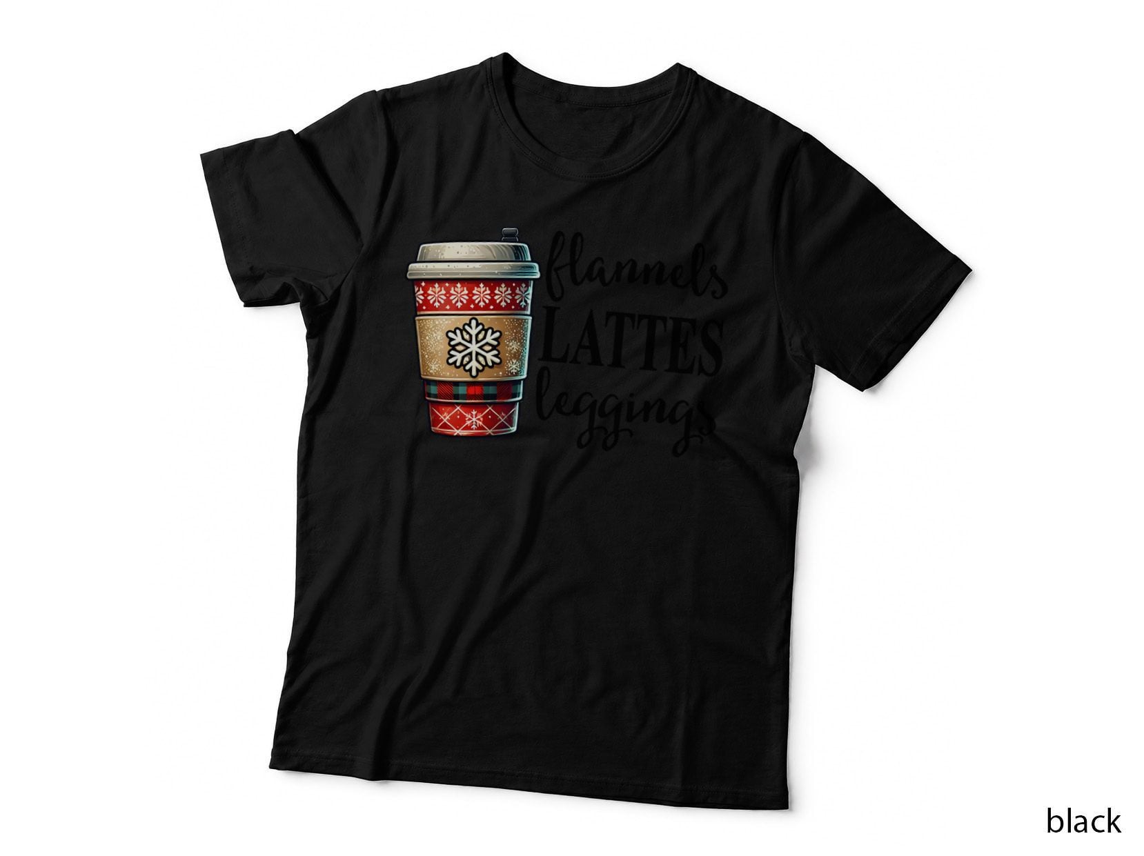 Flannels Lattes Leggings Winter T-Shirt, Festive Coffee Cup with Plaid Graphic