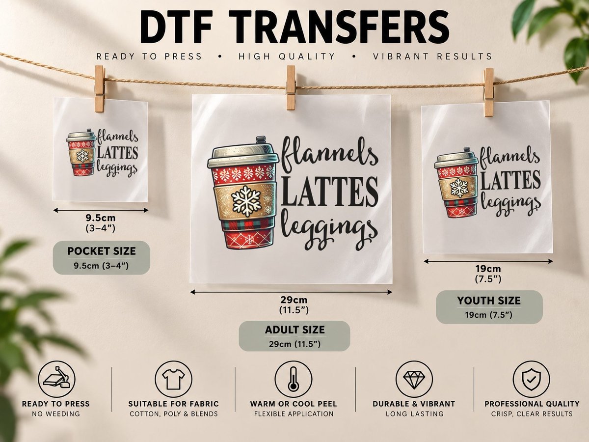 Flannels Lattes Leggings Winter, Festive Coffee Cup with DTF Transfer Iron On