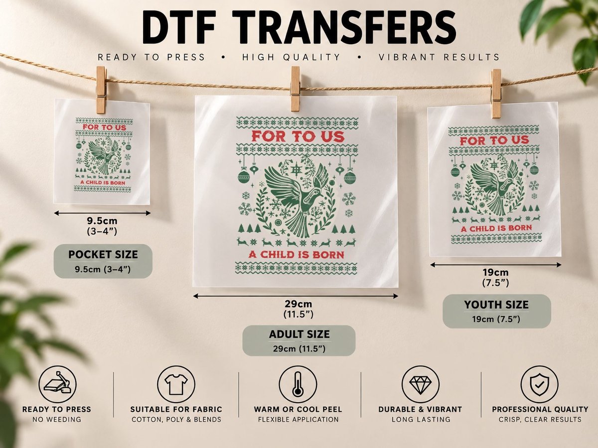 For to US a Child Is Born Christmas Nativity Green Red DTF Transfer Iron On