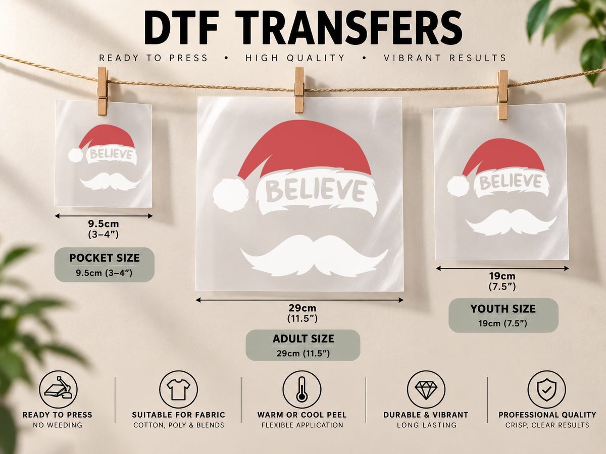Funny Believe Santa Hat White Mustache Family Christmas DTF Transfer Iron On