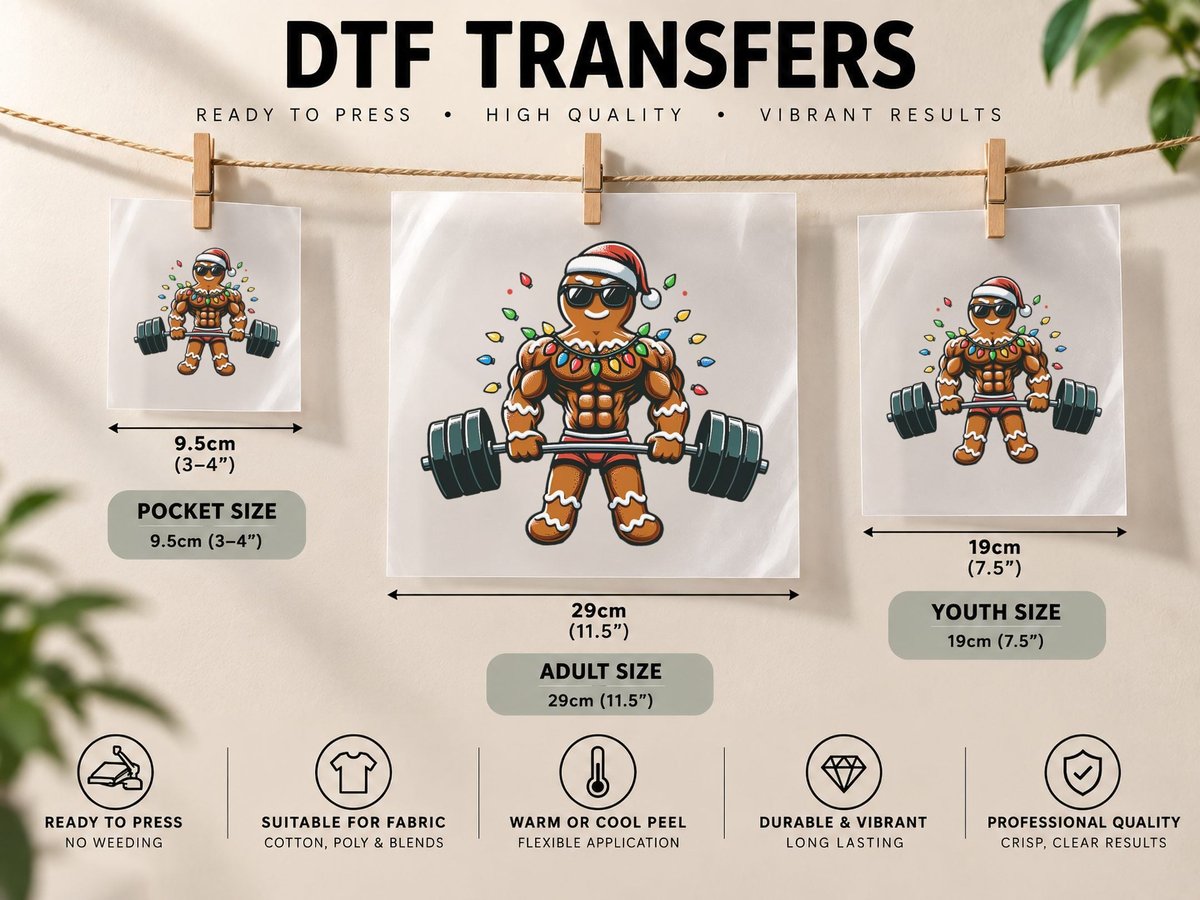 Funny Gym Workout Gingerbread Man Kids Boys Mens Christmas DTF Transfer Iron On