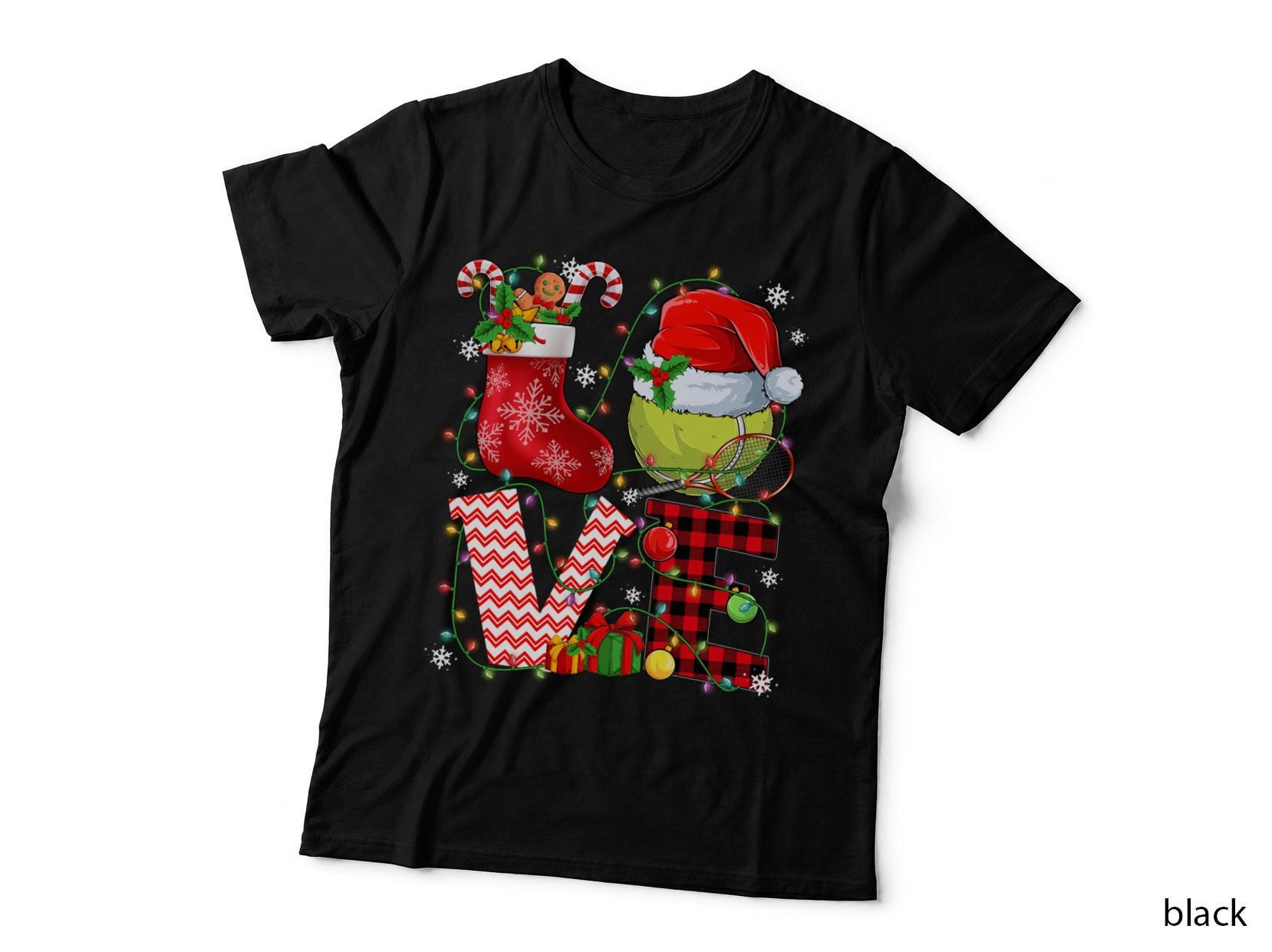 Funny Love Tennis Ball Santa Hat Christmas Lights Xmas Pjs T-Shirt