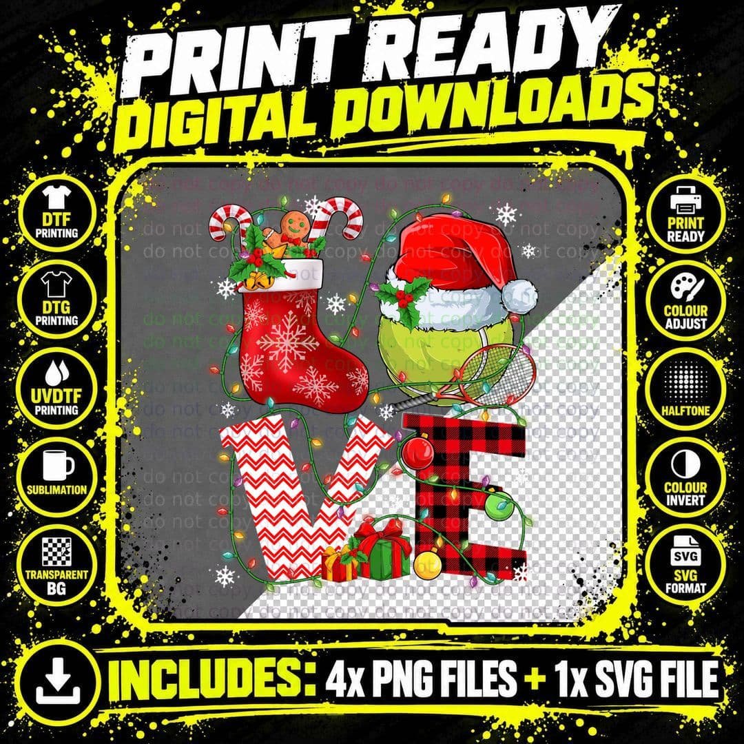 Funny Love Tennis Ball Santa Hat Christmas Lights Xmas Png SVG Digital Bundle